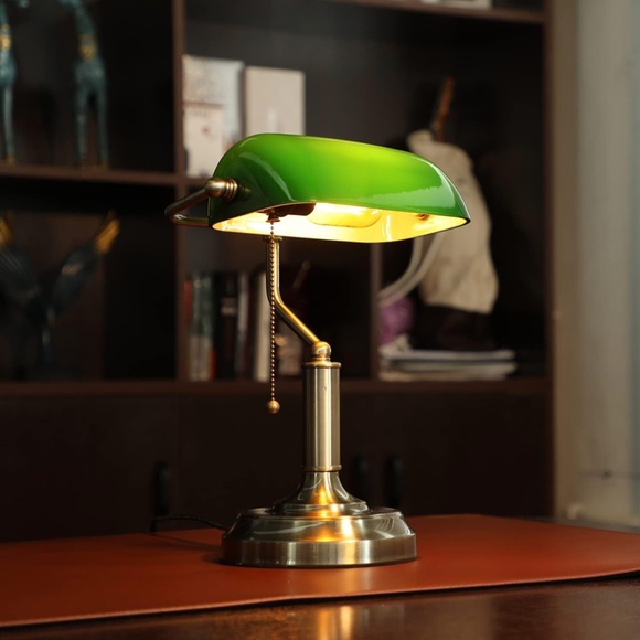 TORCHSTAR Green Glass Bankers Desk Lamp, UL Listed, Antique Desk Lamps with Bras - Picture 2 of 5